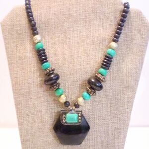 Ethnic Inspired Black and Turquoise Beaded Pendant Necklace